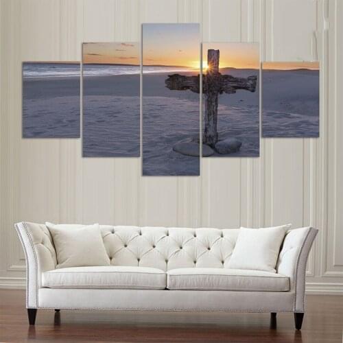 Home Decor Room Poster HD Printed Unframed Painting 5 Panels A Cross On A Sand Dune Sea View Landscape Canvas Wall Art Pictures