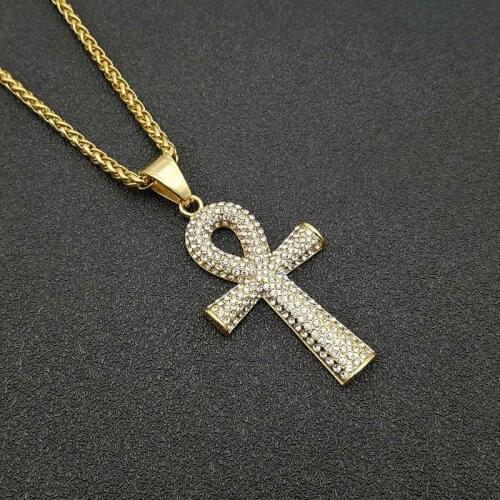 Egyptian Iced Out Ankh Cross Pendant Necklace For Women Men Gold Color Stainless Steel Chains Hiphop Ancient Egypt Jewelry