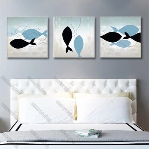 Modern Style Canvas Painting Wall Posters Watercolor Pictures Several Black and Blue Fish for Home Rooms Nursery Wall Decoration
