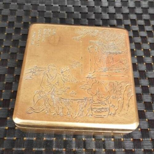 Chinese archaize pure brass carving Old people and children ink box