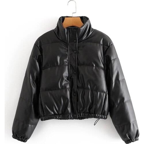 Vogue Winter Fashion Faux Leather Za Black Thick Parkas Female Stylish Single Breasted Pu Coats Girls Khaki Jackets Oversize