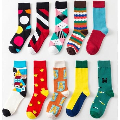 Men Socks Cartoon House Diamond Lattice Crown Wave Stripes Dot Funny Happy Skate Harajuku Hip Hop Street Cotton Casual Socks