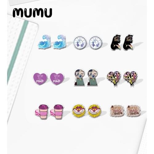 2021 New We're All Mad Here Stud Earring Adventure Epoxy Jewelry Resin Acrylic Earrings Handmade Gifts Fan