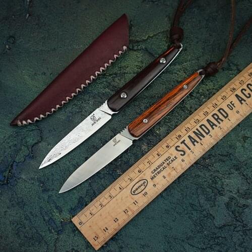 Full Tang VG10 Damascus Steel Paring Knife Outdoor Camping EDC Tools Mini Peeling knife Portable knives With Leather Sheath