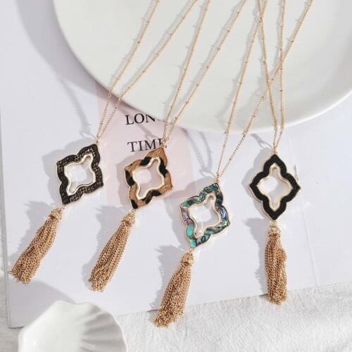 Point Quatrefoil Abalone Tassel Necklace Open Frame Leather Flower Pendant Necklace Long 2020 Boutique Jewelry Wholesale ZWPON