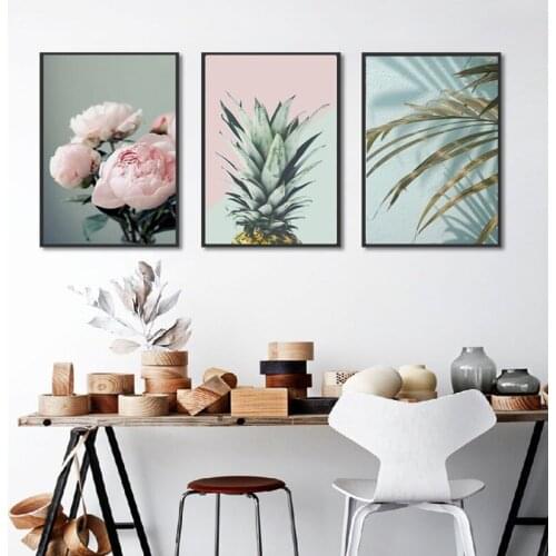 Nordic Modern Style Pink Flowers Green Leaves And Pineapple Posters Home Decor Canvas Painting Wall Picture For Living Room