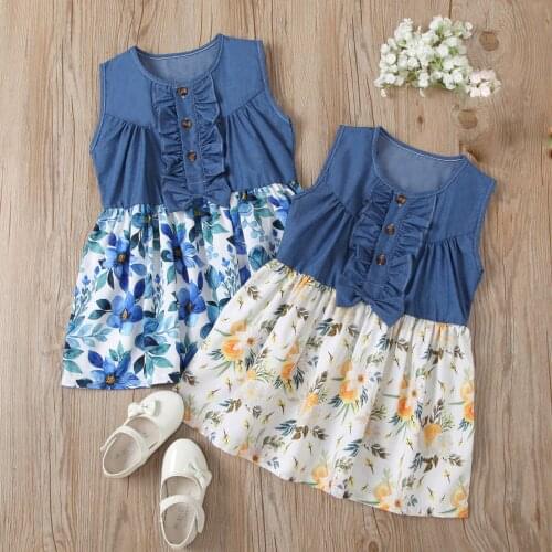 Girls Dresses Lovely Hot Kid Girls Jean Denim Flower Ruffled Dress Sleeveless Denim Patchwork Floral Princess Dress Clothes