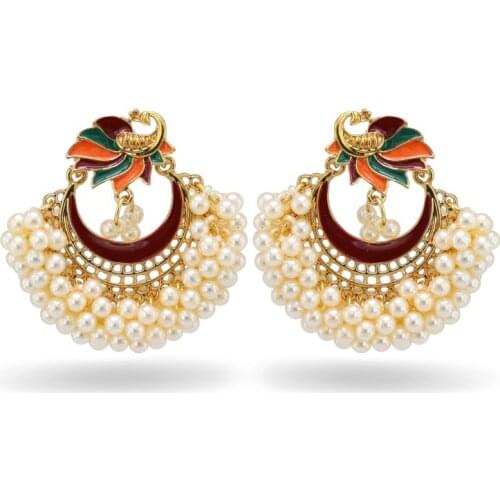 Luxury Indian Jhumki Earrings Simulated Pearls Ethnic Beads Statement Peacock Chandelier Earrings India Bride Jewellery Party