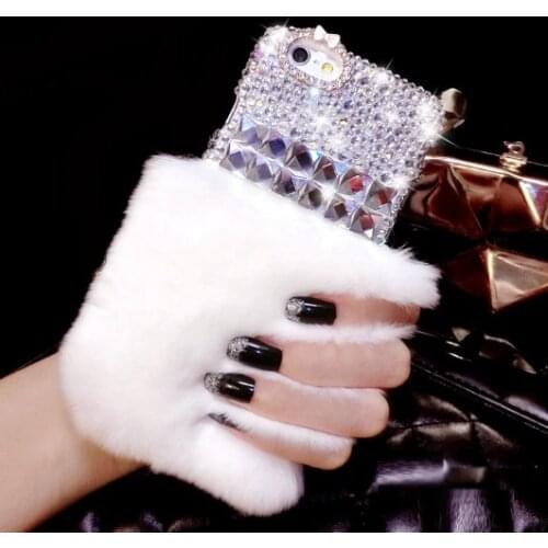 Bling Crystal Diamond Luxury Rabbit Fur Furry Warm phone case For iPhone 11 12 mini Pro MAX X XS XR 6S 7 8 PLUS Protective case