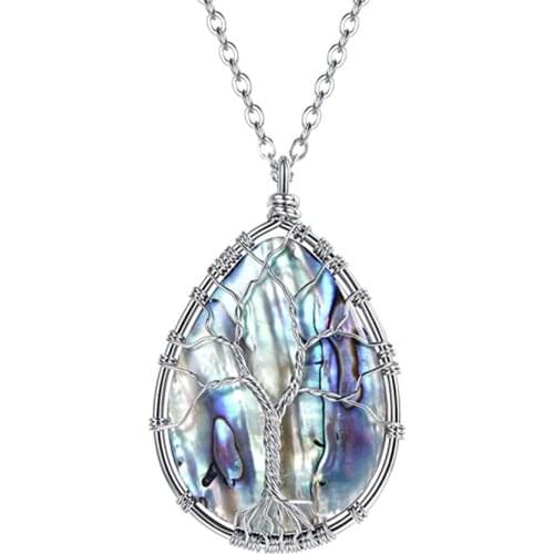 Silver Plated Wire Wrap Water Drop Abalone Shell Pendant Link Chain Necklace Tree of Life Jewelry