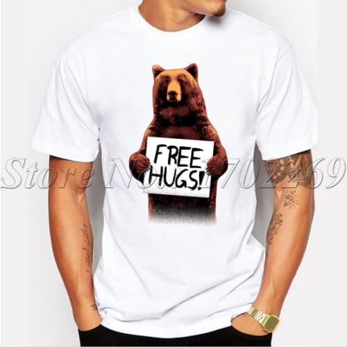 Cheapest Men customized t-shirt Free Hugs letter printed tops Brown Bear animal design short sleeve hipster funny cool tee