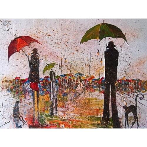 Modern handmade painting girl and cat in raining on oil canvas for home decor and wallpaper