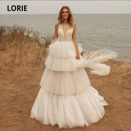 LORIE Boho Wedding Dresses Tiered Cake O-Neck White Ivory Princess Custom Made Pleats Beach Wedding Gown Bridal Dress