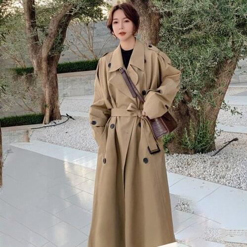 Womens Khaki Trench Coat Long British Style 2021 Spring Autumn New French Retro Korean Loose Fashion Classic Windbreaker 26M
