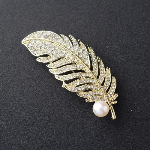 Pearl Gold Crystal Leaf Brooch for Women Feather Pin Brooch