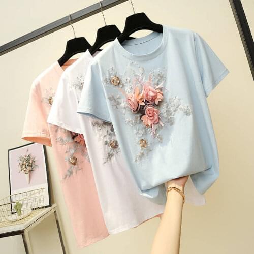 Plus Size T Shirt for Women Korean Fashion Embroidery Lace Flower Femme Shirt Tops O Neck Loose Graphic Tee Summer Tshirt