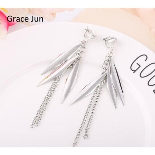 Grace Jun New Arrival Handmade Long Tassel Clip on Earrings Non Piercing for Female Party Fashion Luxury Statement Earrings New