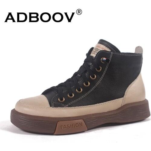 ADBOOV Genuine Leather High Top Sneakers Women Fashion Casual Shoes Ladies Skateboarding Shoes