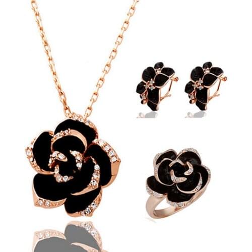 Brand Camellia design pendant fashion women gold-color black painting rose flower necklace earrings ring Jewelry Sets