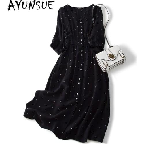 AYUNSUE Retro 100% Real Silk Dress Woman Summer Black Midi Party Dresses for Women Clothes Korean High Waist Vestido De Mulher