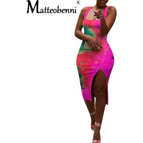 2021 Summer Women Tie Dye Print Sleeveless Casual O-Neck Knitted Side Split Button Up Bodycon Midi Knee Length Pencil Tank Dress