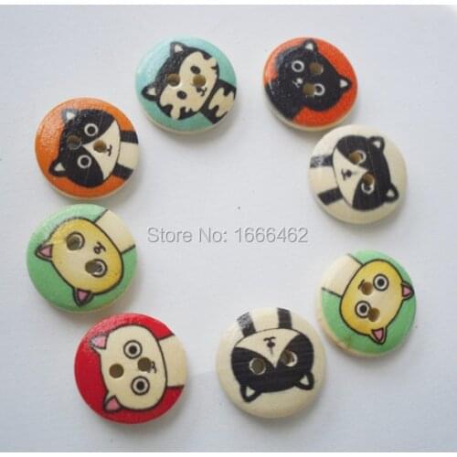 100PCs Glamorous Wooden Buttons Cartoon Cat Printed Round Scrapbooking Fit Sewing DIY Scrapbook 15mm