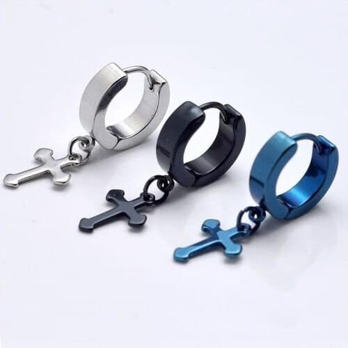 12.4mm Cross titanium steel Punk Men earrings 5 colors for choose Cirle Simple ear buckle wholesale free shipping