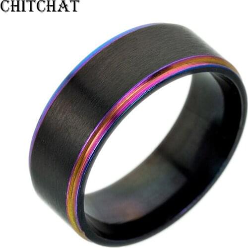 Black Titanium Rainbow Groove Ring Engagement Colorful Ring For Men Brushed Mate Center Jewelery Cool Explosive Accessories