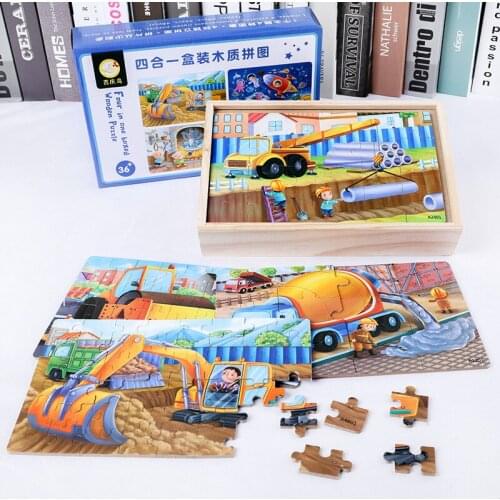 4-in-1 Wooden Jigsaw Puzzles Wooden Boxed Children Early Education Parent-child Interactive Toys