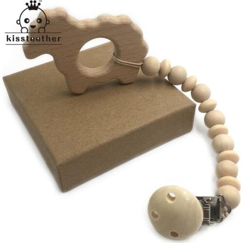 Wood Teether Animal Soothie Clip Beads Teether Baby Teething Toy Pacifier Clip Baby Holder Natural Infant Chew Teether