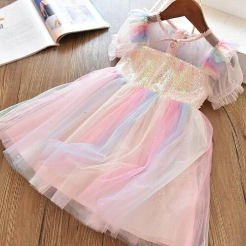 Childrens Summer Dress For Girls Spring Puffy Short Sleeve Costume Birthday Party Kids Sequined Rainbow Dress Up Fairy Clothing