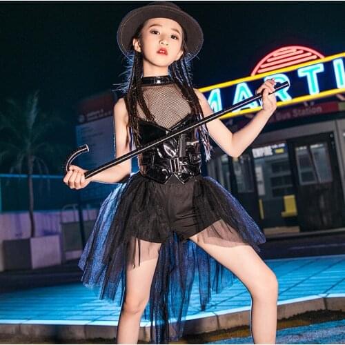 Jazz Dance Costumes For Girls Fluffy Skirts Black Stage Outfit Catwalk Hip Hop Performance Clothing Kids Cheerleader Costume