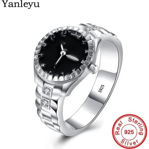 Yanleyu New Fashion Watch Style Ring for Men and Women Real 925 Sterling Silver Finger Ring Black Enamel Jewelry PR362