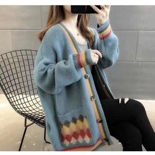 Korean Womens Cardigan Loose And Thin Autumn College Style V-neck Button Coat Winter Color Matching Knitted Sweater 2021 New