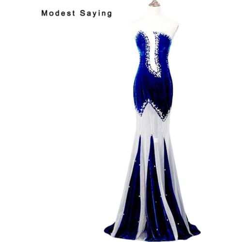 Royal BlueTransparent Mermaid Rhinestone Velvet Evening Dresses 2018 Sexy Women Long Party Prom Gowns vestido longo de festa