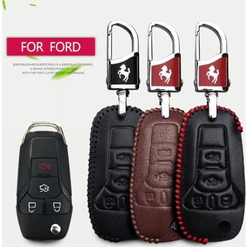 Leather Car Key Case Cover for Ford Mondeo Focus MK4 Fiesta MK8 MK7 C S Max Mustang Ranger Kuga Galaxy Explorer Fusion Keychain