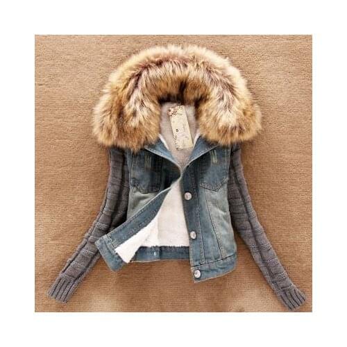Autumn denim jacket women winter coat slim big fur collar lamb cotton denim outerwear jeans for women casual streetwear clothing