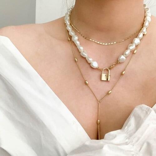 SRCOI Hip Hop Multi-layer Irregular Freshwater Pearls Chain Metal Beads Line Lock Pendant Necklace Gold Color Boemia Women Neckl