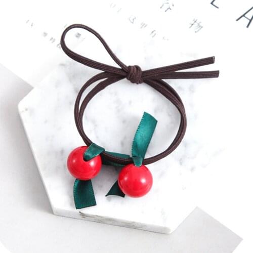 2Pcs Fashion Red bead Rubber bands Leaf Cherry Elastic Girls Hair Accessories for Popular Women Headwear Gum Student Headwear
