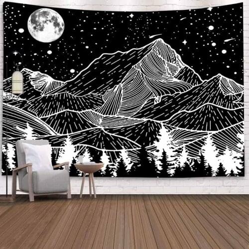 Black White Forest Sun Mountain Tapestry Wall Hanging Hippie Wall Cloth Tapestry Backdrop Decor Psychedelic Tapestry Wall Carpet