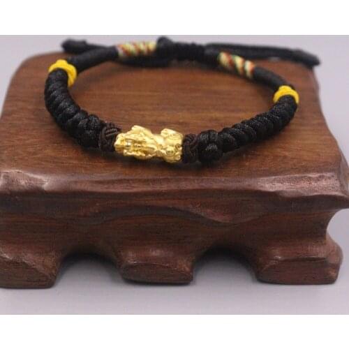 Genuine 24K Yellow Gold Wealth-Animal Pixiu with Black Cord Bracelet Length from 5" to 15"