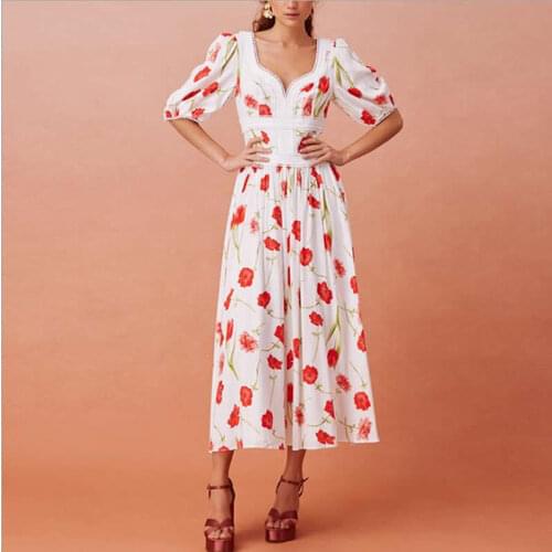 New Arrival Women Red Flower Print Dress Elegant Short Sleeve A-Line Dresses 7115