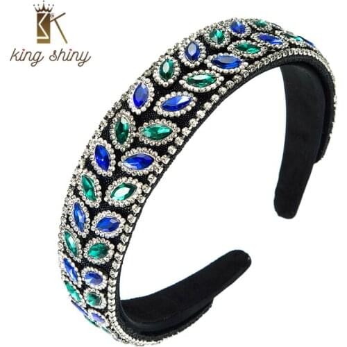 King Shiny Elegant Colorful Crystal Leaf Headband Luxury Sparkly Rhinestone Beaded Wide-brimmed Hairband Girls Party Tiara Bezel