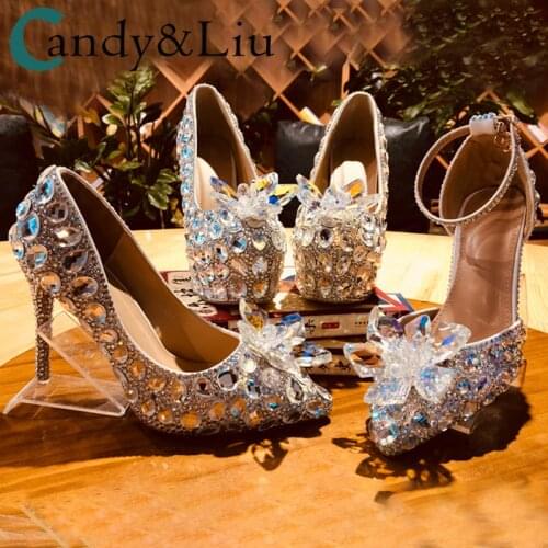 Bridal Shoes Lingprincess Womens New Crystal Shoes High Heel Rhinestone Pointed Single Shoes Wedding Dress Shoes Manmade Shoes
