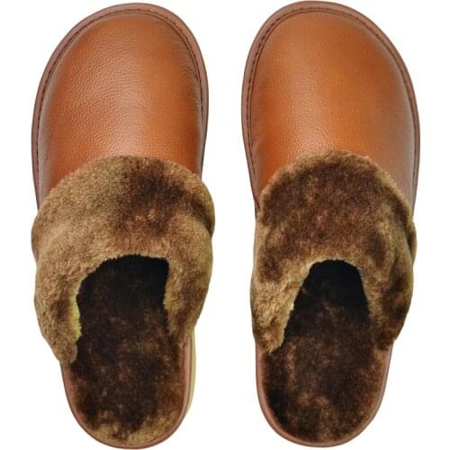 Genuine Cow Leather slippers couple indoor non-slip men women home fashion casual shoes PVC soft soles winter 601