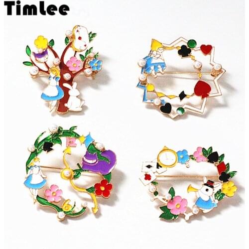 Timlee X344 Cartoon Cute Girl Flower Rabbit Metal Brooch Pins Circular Accessories Gift Wholesale