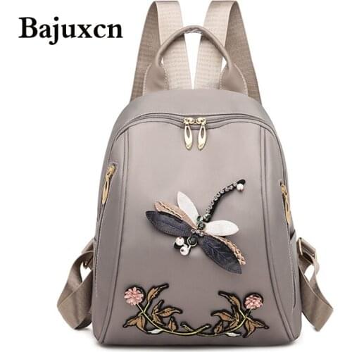 Waterproof Nylon Women Backpack Zipper Oxford School Bags For Girls Dragonfly Flower 3D Embroidered Backpack Female Rucksack