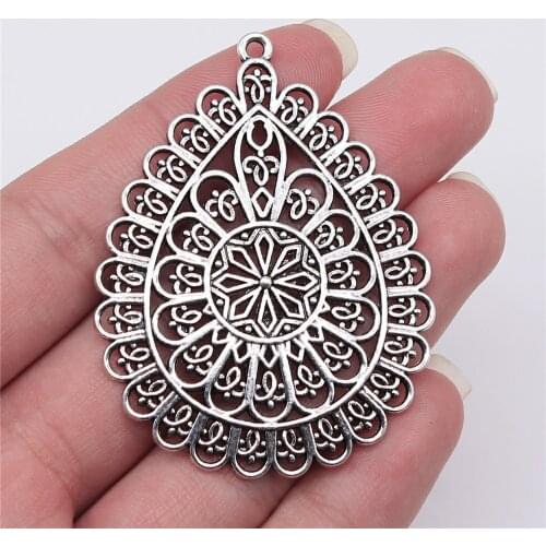 WYSIWYG 1pcs 59x44mm Antique Silver Color Hollow Flower-Shaped Water Drop Charms Pendant For Jewelry Making