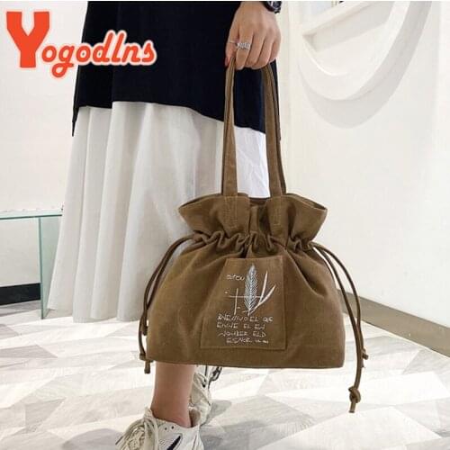 Yogodlns Casual Cloth Shoulder Bag Women Large Capacity Shopping Tote Canvas Drawstring Top-Handle Bag Simple Teenager Bookbag