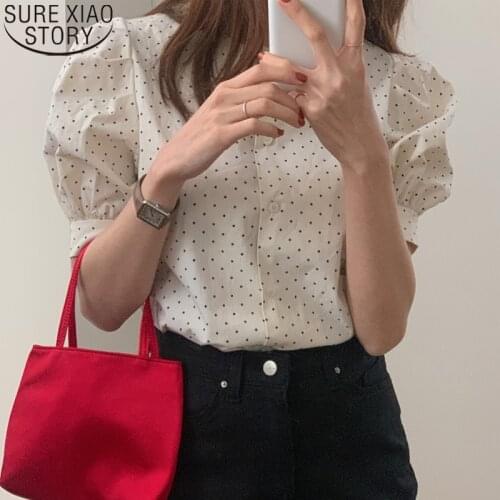 Fashion Shirts Women Korea Chic Round Collar Collar Ploka Dot Print Shirts Women Tops Front and Back Can Be Wear Clothes 14480